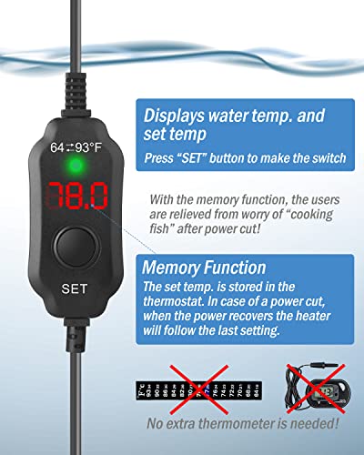 Image of AquaMiracle Aquarium Heater 15W Fish Tank Heater for 1-3 Gal Tanks, LED Digital Display Thermostat Turtle Heater with Out-of-Water Auto Shut-Off, Overheat Protection & Memory Function