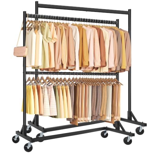 Image of Hoctieon Double Rod Z Rack, Set of 2,Rolling Clothes Racks with Z-Base, Adjustable Clothing Rack, Standing Clothes Rack, Metal Clothing Racks for Hanging Clothes, Portable Garment Rack, Black