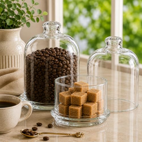 Image of Ask Me Glass Bell Jar Collection | 5 Inch Glass Dome Food Container | Decorative Storage Jar with Lid for Kitchen, Snacks, Sweets, Cakes & Home Decor | Clear Display Cloche Dome Jar (2)