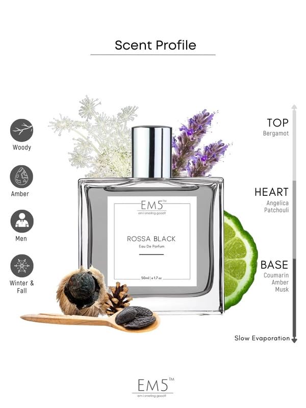 Image of EM5 Rossa Black Perfume for Men | Amber Musky Warm Spicy Fragrance | EDP Strong and Long Lasting Spray | Luxury Gift for Him