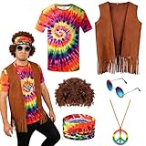 Disfraz Hippie Hombre Mujer, Conjunto Disfraz Hippie Años 60 y 70 y 80, con Camisa de Tie Dye, Chaqueta, Diadema, Gafas Sol, Peluca y Collar de Signo, para Fiesta Temática, Carnaval y Halloween (XL)