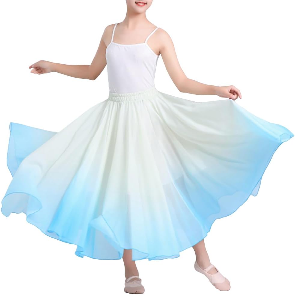 Girls Full Circle Dance Skirt Flamenco Ballet Gypsy Gradient Chiffon Maxi Length Dancewear
