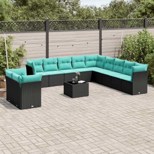 QJBSAVVA 12 Piece Patio Furniture Set Black PE Rattan Modular Outdoor Conversation Set with Storage, Tempered Glass Table & Washable Blue Cushions, 113.8" U-Shape for Garden, Balcony, Backyard