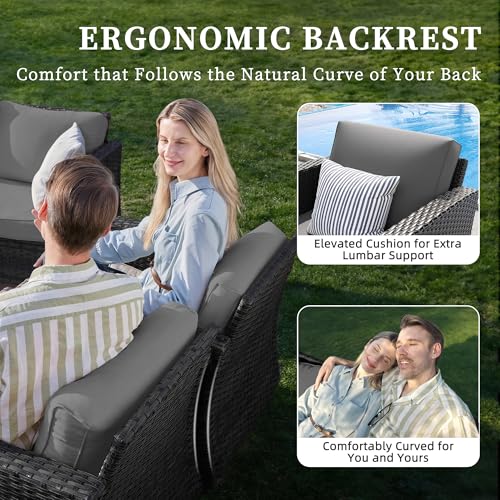 Image of UDPATIO Patio Furniture Set with Fire Pit Table, Rocking Swivel Chairs, 5 Pieces Outdoor Furniture Sets, All-Weather Wicker Outdoor Sectional Sofa with Waterproof Cover, 4'' Thickened Cushion, Grey