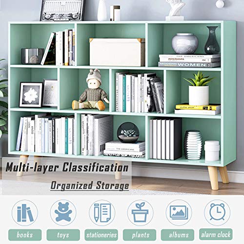 Image of IOTXY Wooden Open Shelf Bookcase - 3-Tier Bookshelf with Leg, Tiffany-Green