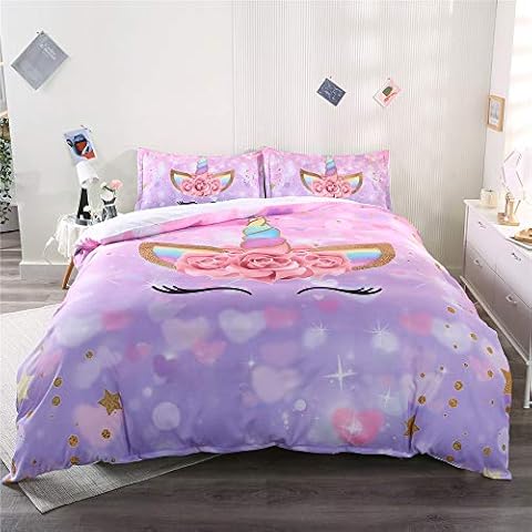ADASMILE A & S Girls Unicorn Duvet Cover Set Pink Purple Bedding Duvet Cover Set King Girls Printed Modern Lightweight Kids Bedding Set for Teens with 2 Pillow Shams(NO Comforter Included) Cover