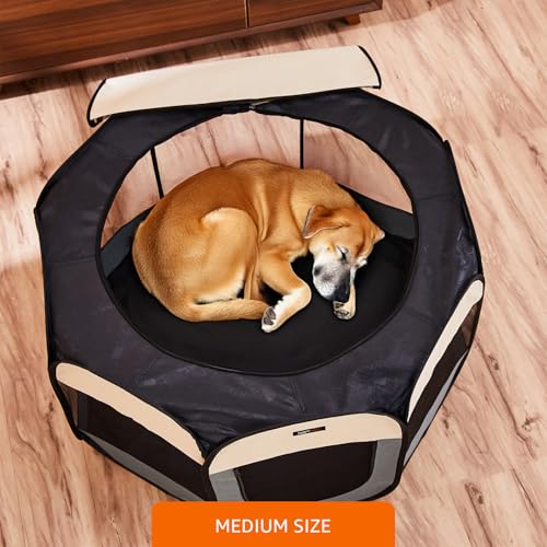 Image of amazon basics, Foldable Soft Pet Playpen Indoor Pet Fence Enclosure with Mesh Window, Lightweight and Durable for Travel, Medium | 91cm x 91cm x 51cm