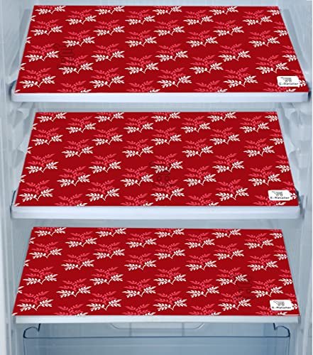 Image of Polyester 3-Layered Fridge Top Cover /Refrigerator Cover with Utility Pockets and Set of 3 Pc Fridge Mats (Color-Leaf Maroon, Size-39x21 Inch)