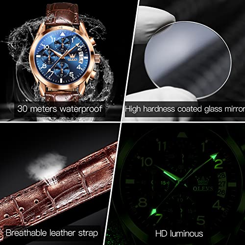 Image of OLEVS Men's Watches Brown Leather with Date,Casual Watches for Men,Large Face Watches Men,Chronograph Mens Watch,Sport Waterproof Business Dress Analog Quartz Men's Wrist Watches Reloj De Hombre
