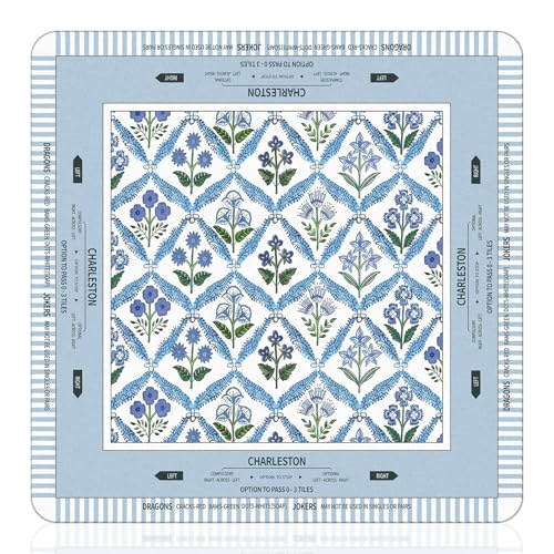 Tegeme Chinoiserie Mahjong Mat 22 x 22 Blue Purple Flowers Mat Anti Slip and Noise Reduction Multi Purpose Game Table Cover Non-Slip Noise Reduction Gaming Rug for Mahjong Card Board Tile Games