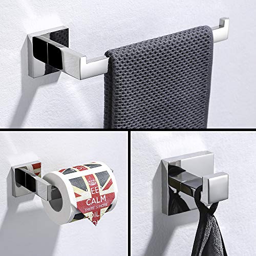 Turs 3-Piece Bathroom Accessory Set SUS 304 Stainless Steel Toilet Paper Holder Towel Bar Robe Hook Wall Mount, Polished Finish, Q7010P - Image 3