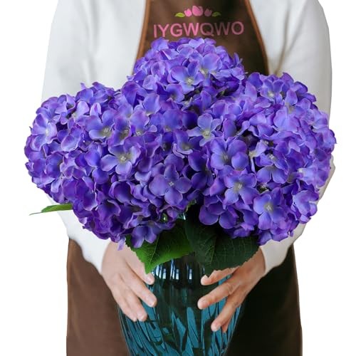 6PCS Large Silk Hydrangea Flowers, 20 In Full Faux Hydrangea Artificial Flowers with Stem Leaves for Fake Huge Bouquet Home Kitchen Wedding Party Wreath Xmas Centerpieces Arrangements (Purple)