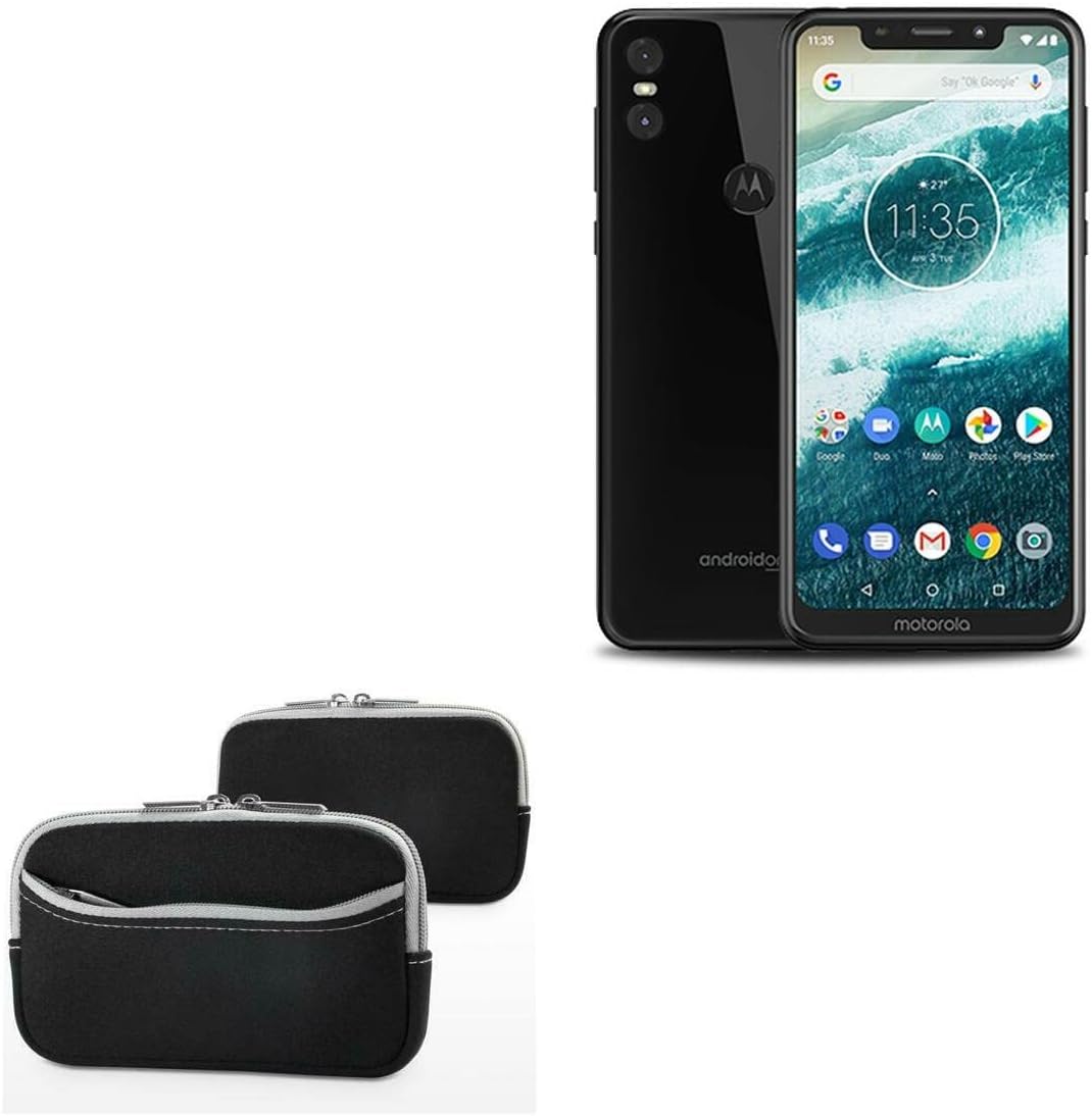 BoxWave Case Compatible with Motorola One (P30 Play) - SoftSuit with Pocket, Soft Pouch Neoprene Cover Sleeve Zipper Pocket - Jet Black with Grey Trim