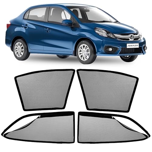 Image of AutoStory Magnetic Car Sunshade for Amaze 2011-2017 | Front Half Cut for Mirror Visibility + Rear Full Coverage with Zipper | Heavy Heat & UV Protection | Privacy Side Window Curtains Shades