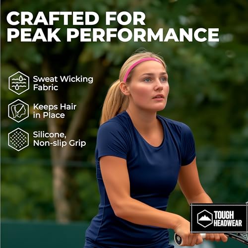 Image of Tough Headwear Athletic Headband Set - Thin Headbands for Women - Elastic Sport Hair Bands Men - Skinny Sports Hairbands - Non Slip Athletic Head Bands for Sports - Black and Pink