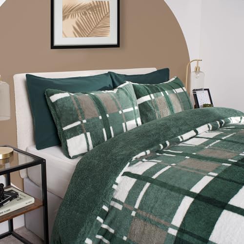 OHS Forest Green Christmas King Size Duvet Cover Teddy Fleece Check - Image 4