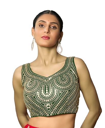 Image of Pujia Mills Fancy Women's foil Mirror and Thread Zari Work Sweetheart Neck Silk Sleeveless Blouse (PC Bindi Foil Parent)