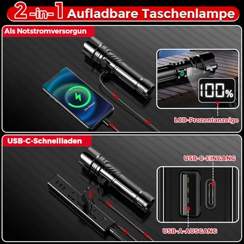 Shadowhawk 500000 Lumen Taschenlampe LED Aufladbar - Bis zu 1000m Reichweite, 24h Laufzeit mit 2 Akkus, LCD-Prozentanzeige Taktische Taschenlampen, Extrem Hell Flashlight für Camping, Wandern, Outdoor