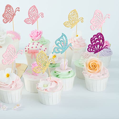 24Pcs Butterfly Cupcake Toppers Multicolor Glitter Assembled Mixed Styles Hollow Butterfly Cupcake Picks Baby Shower Cake Decorations For Wedding Engagement Bridal Shower Kids Birthday Party Supplies #TOP4