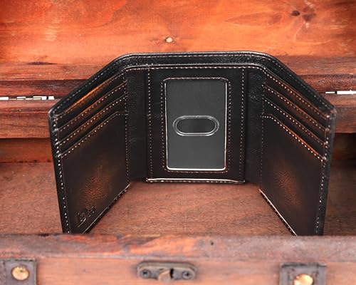 Image of DK86 Skull Trifold Wallets for Men Full Grain Leather with Hand Burnished Tri-Fold Wallet RFID Blocking (Black and Brown: Style B)