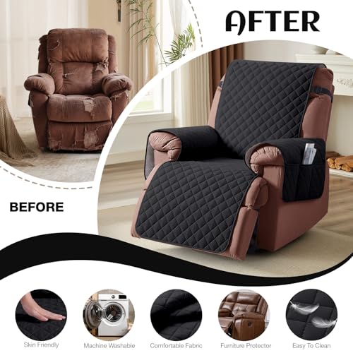Image of KinCam 100% Waterproof Recliner Chair Cover, Reclining Couch Covers for Pets, Dogs, Recliner Couch Slipcover Furniture Protector with Elastic Straps for Kids(23.6 inch, Black)