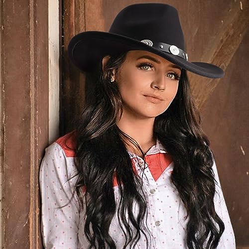 Image of DRESHOW Women Men Classic Felt Wide Brim Western Cowboy & Cowgirl Cap Belt Buckle Retro Panama Hat Unisex Rolled up Caps
