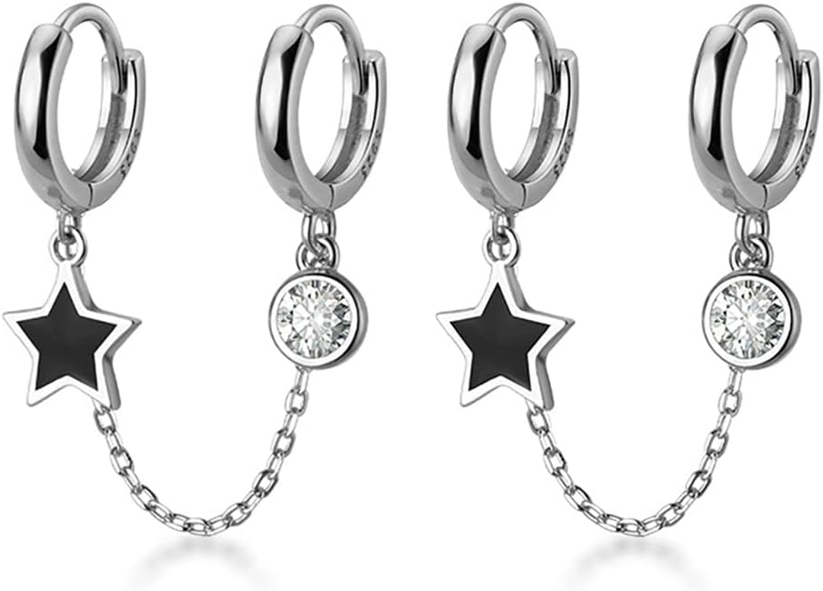 SLUYNZ Solid 925 Sterling Silver Black Star Double Hoop Earrings Chain for Women Teens CZ Double Piercing Earrings Huggie Earrings