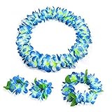 JSSHI Lush Hawaiian Headpiece,Hawaiian Flower Leis Jumbo Necklace Bracelets Headband Set with Leaf for Hawaiian Luau Party Decoration Supplies (with Green Leaves，Blue)