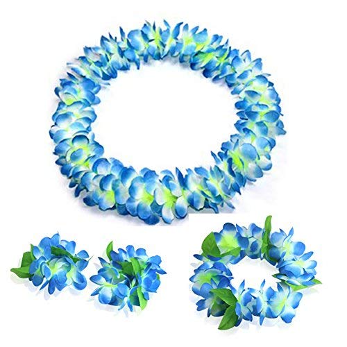 JSSHI Lush Hawaiian Headpiece,Hawaiian Flower Leis Jumbo Necklace Bracelets Headband Set with Leaf for Hawaiian Luau Party Decoration Supplies (with Green Leaves，Blue)