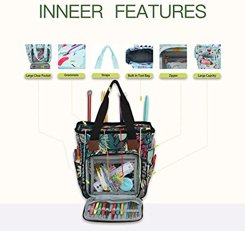 JOZEA Yarn Storage Portable Bag, Normal Capacity Knitting Projects Organizer for Yarns, Crochet Hooks, Knitting Needles (Green)