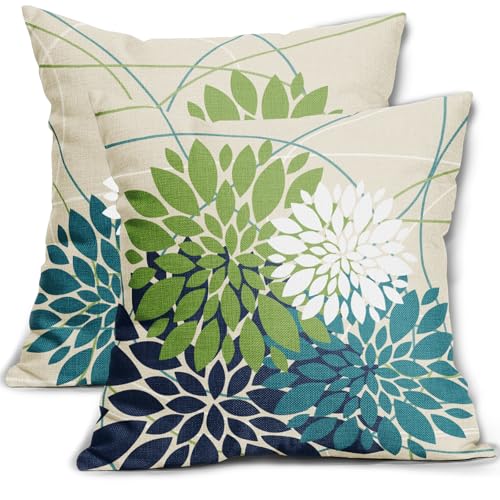 Blue Green Teal Pillow Covers 18×18 White Dahlia Flower Elegant Colored Decorative Throw Pillows Farmhouse Outdoor Decor for Home Sofa Bed Couch Modern Floral Square Cushion Cases Set of 2