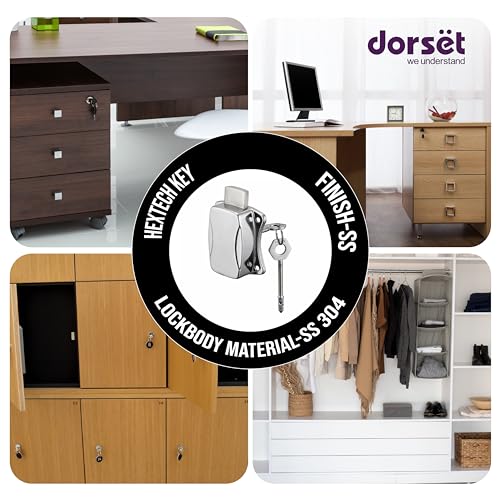 Image of Dorset 22 mm Lock for Wardrobes, Drawers, and Cabinets | Hextech Lock with 2 Keys | Satin Silver Finish | Furniture Lock for Home and Office, AL450SS
