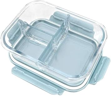 3 Compartment Rectangular Lunch Box, Food Storage Container with Air Vent Lid, Glass Storage Bowl with Clamp, Preservation Box for Kitchen or Outdoor Activities (Multicolor Lid) - Pack of 1