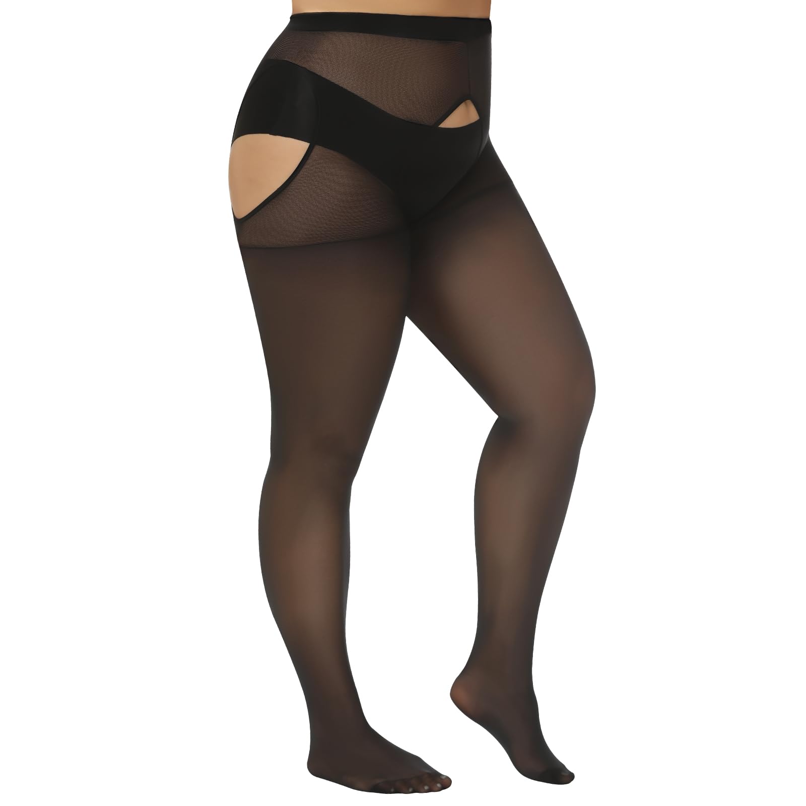 Yilanmy Plus Size Suspender Tights for Women Crotchless 40 Denier Garter Stockings High Waist Control Top Suspender Pantyhose