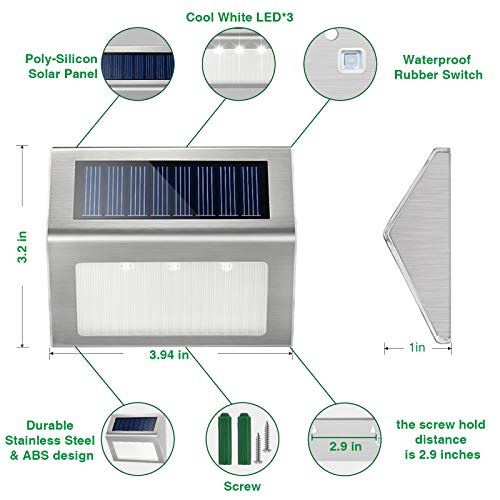 Outdoor Fence Lights,12 Pack Solar Powered Deck Lights Waterproof Stairs Light Stainless Steel Security Wall Lamps for Step Walkway Patio Garden Pathway - Cool White