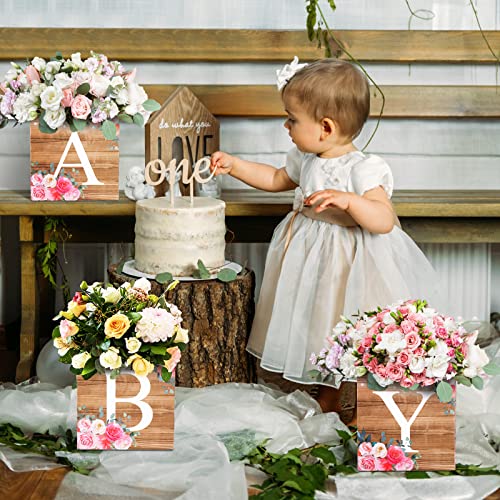 Image of Bucherry 6 Pcs Baby Shower Centerpiece Boxes with 'baby' Letters Flower Boxes Tables Decoration for Girl Baby Shower, Birthday, Gender Reveal Party Favors(Wooden Color,Rustic Floral)