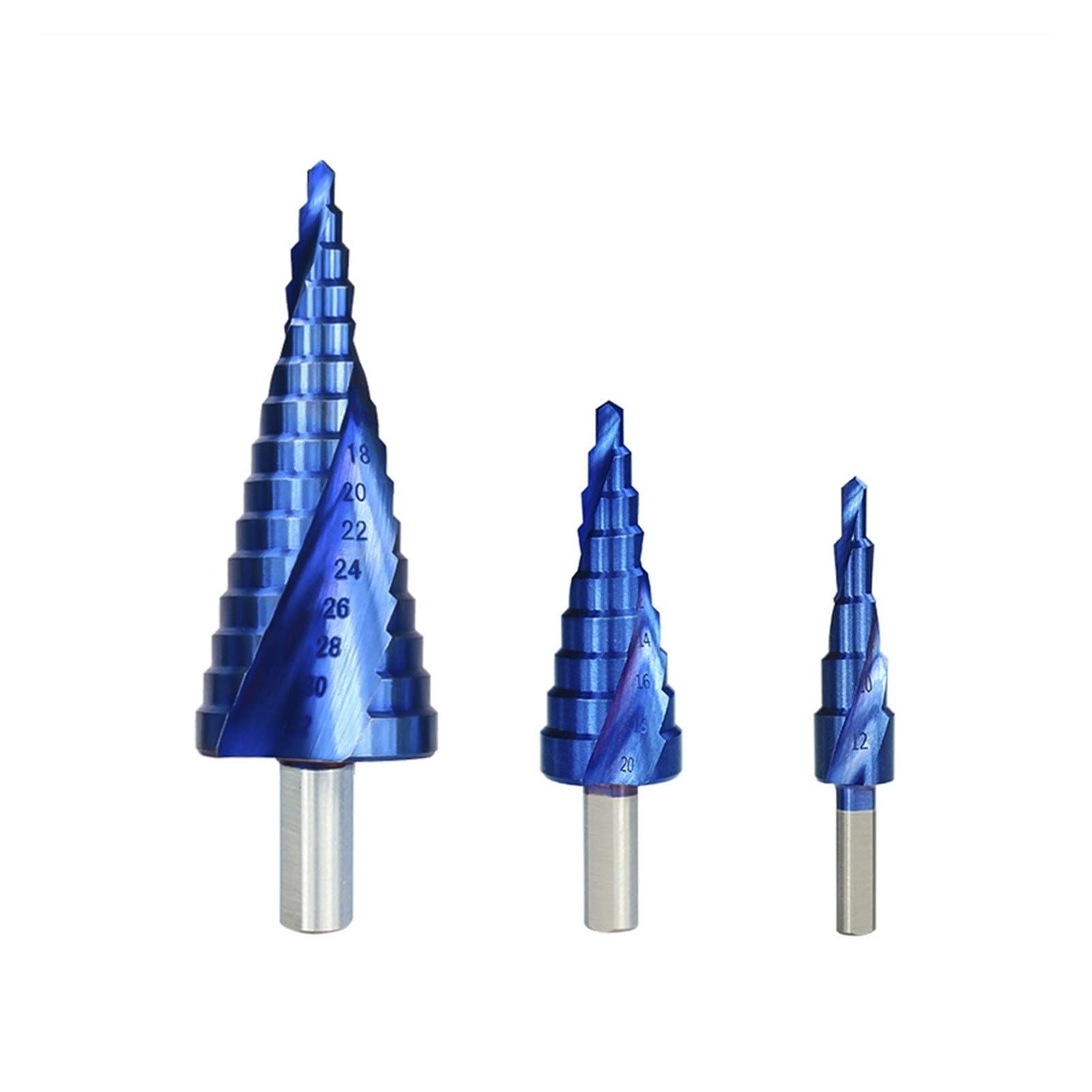 Wiertła do cięcia Wiertło stopniowe 3 szt. 4-12/4-20/4-32 mm Wycinak do otworów w drewnie i metalu Powlekany na niebiesko wiertło stożkowe Narzędzie do wiercenia rdzeniowego (Kolor: 3 szt. Trójk