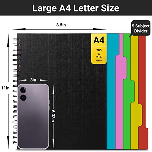 Eusoar Notebook With Tabs, 3 Pack A4 Letter Size11 X 8-1/2", Black Hardcover Spiral 5 Subject Notebook, 120 Sheets/ 240 Pages, 100Gsm College Ruled Paper, Journals For Work Office School Composition #TOP1