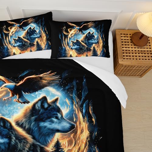 Image of Moon Wolf Comforter Set Full for Teen Boys Girls,Howling Wolves Comforter Forest Eagle Bed Set,Wild Animals Bedding Set for Kids Bedroom Decor,All Seasons