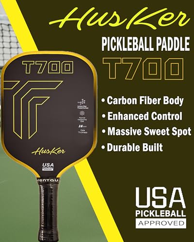 Image of Husker USAPA Approved T700 RAW Carbon Fibre Thermoformed Pickleball Paddle with Spin & Textured Carbon Friction Surface and Elongated Handle (T700-YELLOW)