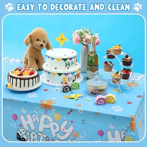 Image of Oudain 3 Pack Blue Dog Party Tablecloth Dog Them Birthday Decor 108'' x 54'' Blue Yellow Plastic Table Cloth Puppy Paw Prints Bone Disposable Rectangle Table Cover for Baby Shower Party Supplies