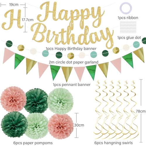 Image of Sage Green Birthday Decorations, Happy Birthday Banner and Paper Pompoms, Hanging Swirls, Circle Dots Garland, Pennant Flags for Girls Women Party Decorations