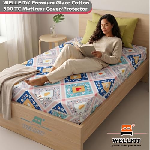 Image of WELLFIT Premium Glace Cotton 300 TC Mattress Cover /Protector for Single Size Bed with Zip /Chain /3x6.5 ft / 36x78x6 inch
