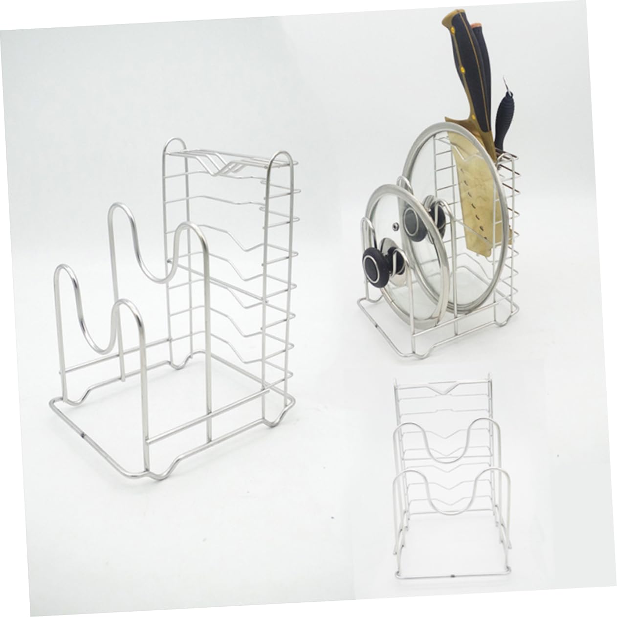 OUNONA Stainless Steel Bakeware Rack Multi Purpose Cutting Board Knife Organizer Space Saving Holder for Pots Lids Trays Kitchen Storage