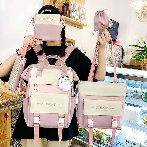 5Pcs Kawaii Backpack Cute Backpack for School Aesthetic Backpack Kawaii School Supplies Backpack Set with Accessories (Pink)2