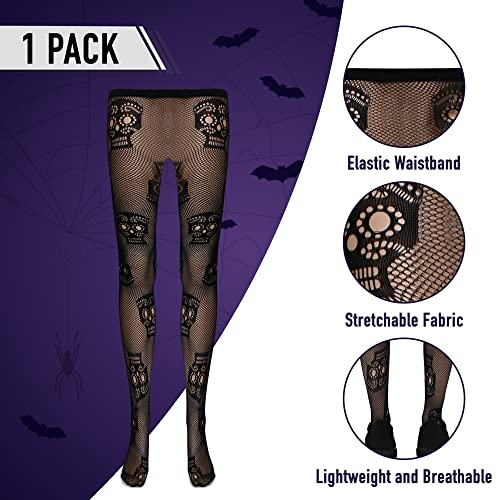Skeleteen Meia-calça arrastão preta de caveira – Meia-calça gótica Dia dos Mortos Halloween com esqu