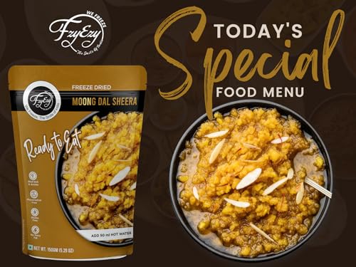 Image of FzyEzy Freeze-Dried Moong Dal Sheera | Instant Gourmet Delight Traditional Indian Dessert | Ready-to-Eat | Instant Meal | Indian Cuisine | Delicious & Convenient Snack or Dessert | 150gm
