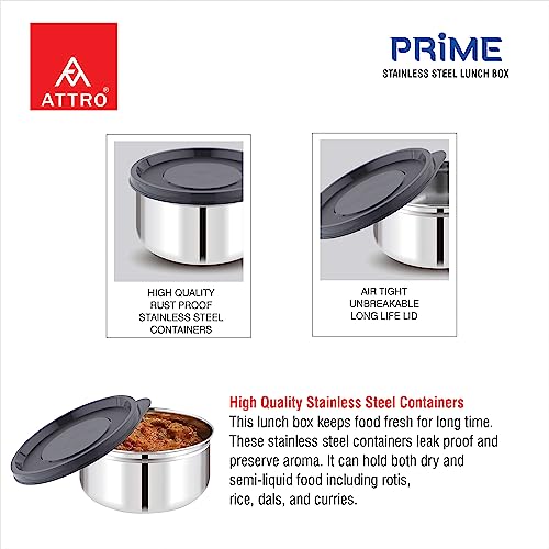 Image of ATTRO Prime Stainless Steel Single Wall Storage Containers Airtight & Leak Proof Containers for Office Use, School, Picnic, 400ml -Black-Set Of 4