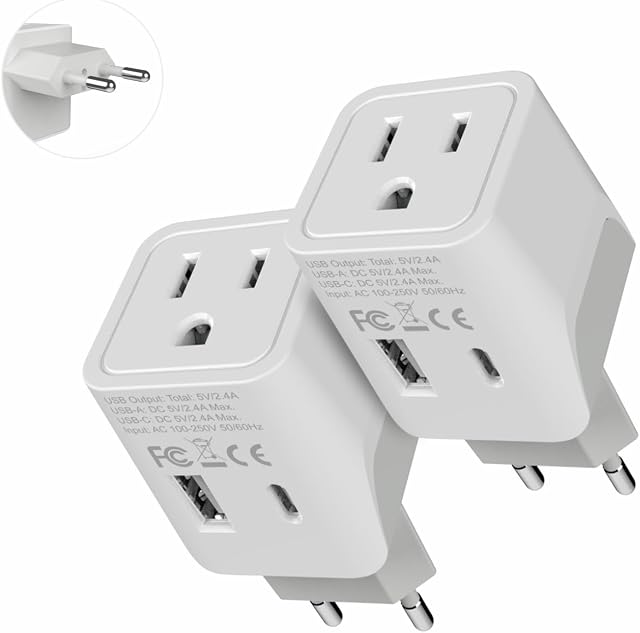 Ceptics European, Egypt Travel Adapter Plug with Dual USB - Type C - Europe - USA Input - Light Weight - Perfect for Cell Phones, Chargers, Cameras and More - 2 Pack
