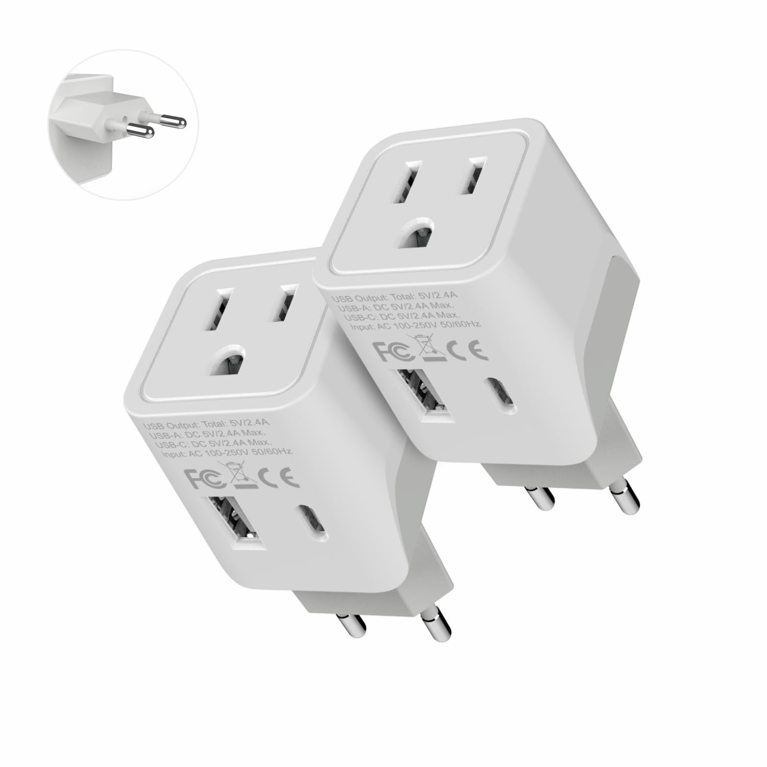 Ceptics European, Egypt Travel Adapter Plug with Dual USB - Type C - Europe - Usa Input - Light Weight - Perfect for Cell Phones, Chargers, Cameras and More - 2 Pack